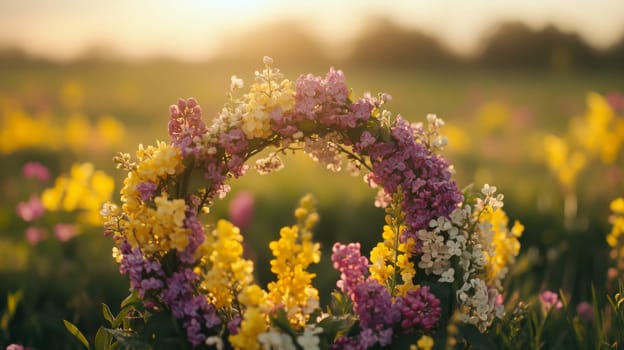 A circular wreath crafted from various wildflowers showcases a stunning array of colors, set against a lush field filled with blossoms under the warm glow of the late afternoon sun.