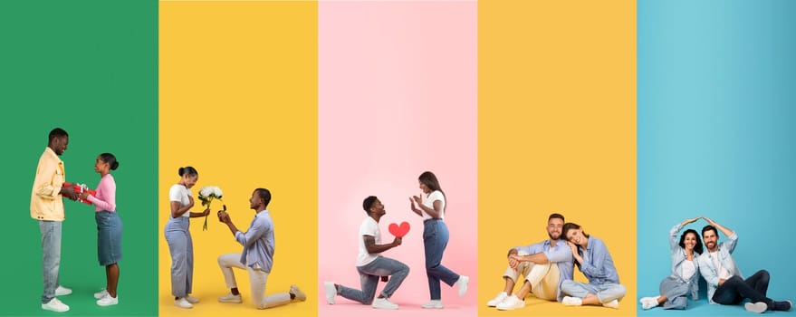 Various couples express their love and affection in a vibrant collage, showcasing romantic gestures and joyful moments. Each pair captures the spirit of celebration on St. Valentines Day.