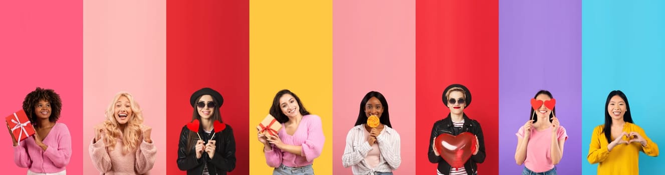A vibrant collage features women sharing affection on St Valentines Day, showcasing diverse people holding gifts and symbols of love in a lively atmosphere of celebration and togetherness.