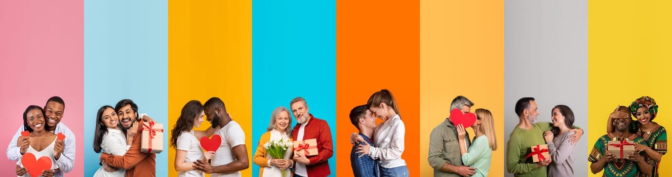 A collection of couples joyfully celebrating St. Valentines Day. Each pair shares moments of affection, exchanging gifts, flowers, and kisses against vibrant backgrounds. Love is in the air.