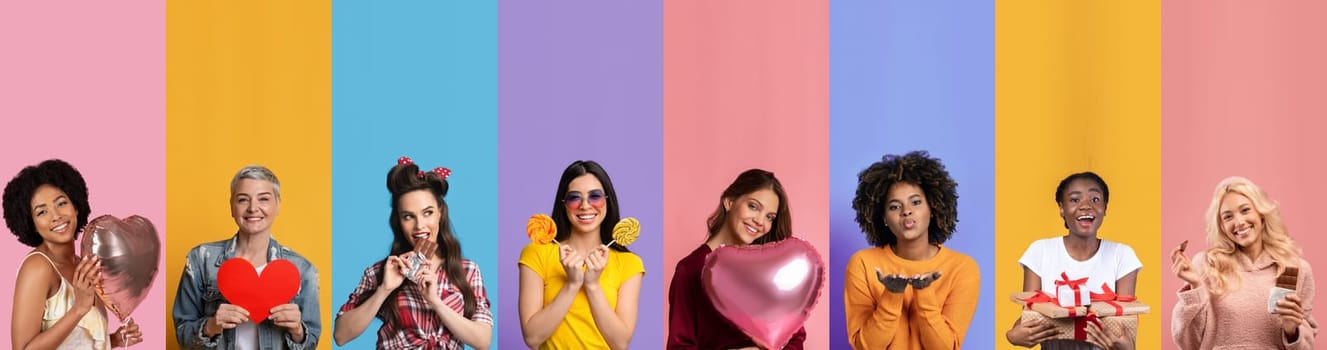A lively collage depicts diverse individuals joyfully celebrating Valentines Day, showcasing hearts, gifts, and smiles. Each person expresses affection and happiness in a colorful setting.