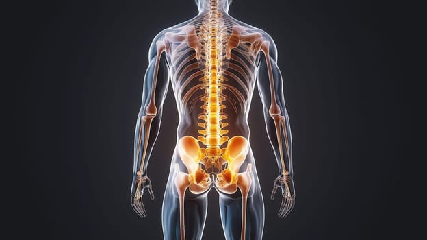X-ray style image of the human skeleton from the back, focusing on the spine and pelvic area. Medical or educational presentation