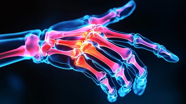 Close-up x-ray image of a human hand with bones highlighting wrist inflammation or injury. Red area indicates potential pain source