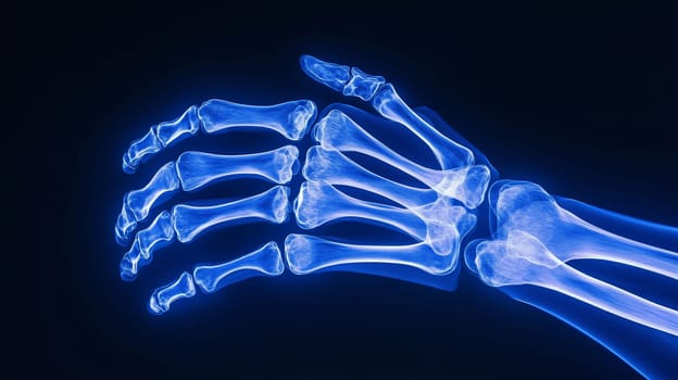 Close-up x-ray image of a human hand with bones highlighting wrist inflammation or injury