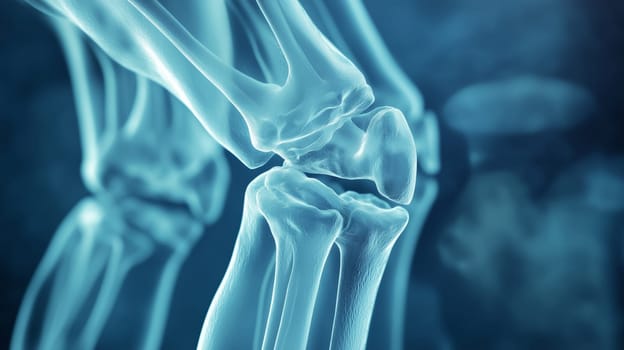 X-ray, close-up view of a human knee joint, showcasing the bones and structure