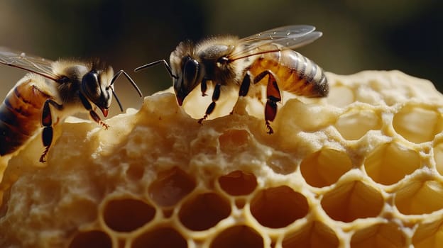 Bees and cocoons with pollen in honeycombs close-up as background, honey and beekeeping concept