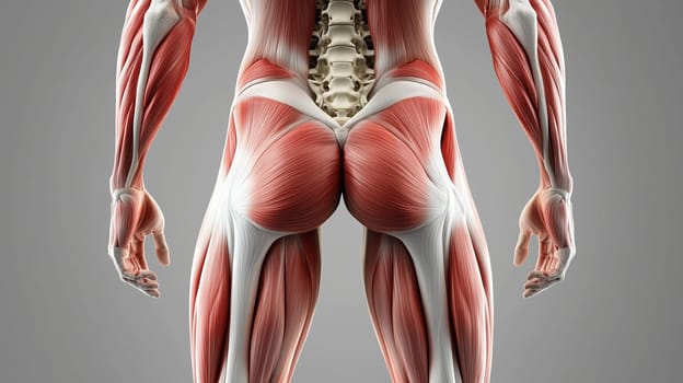 Detailed anatomical image of human back muscles, highlighting their structure and connection to the skeletal system. Medical, educational illustration