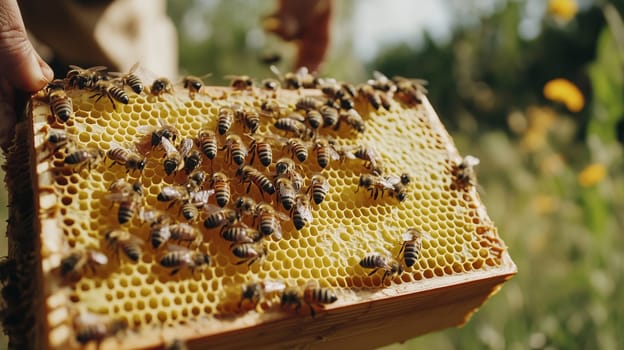 Bees and cocoons with pollen in honeycombs close-up as background, honey and beekeeping concept