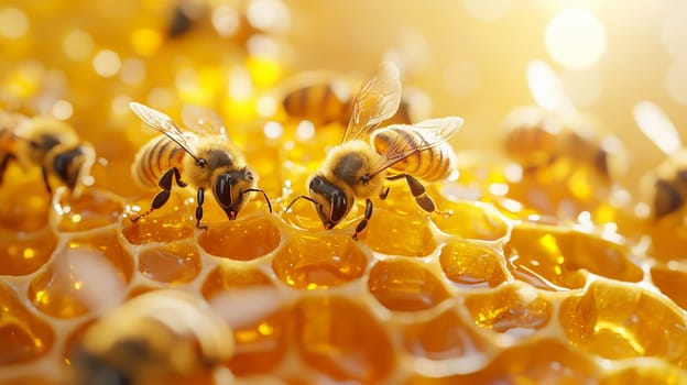 Bees and cocoons with pollen in honeycombs close-up as background, honey and beekeeping concept
