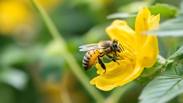 Close-up bee sitting on a flower pollinates and collects pollen, insects, honey and beekeeping concept