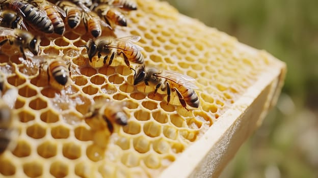 Bees and cocoons with pollen in honeycombs close-up as background, honey and beekeeping concept