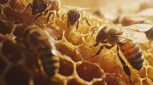 Bees and cocoons with pollen in honeycombs close-up as background, honey and beekeeping concept