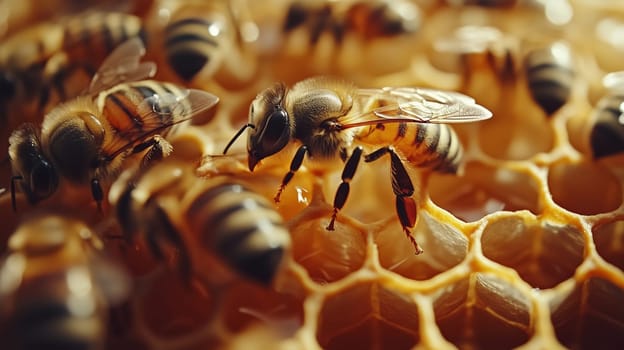 Bees and cocoons with pollen in honeycombs close-up as background, honey and beekeeping concept
