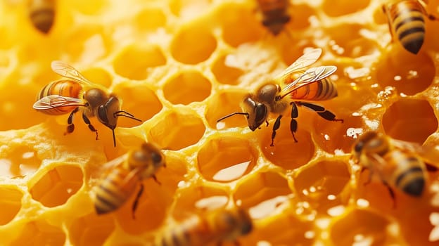 Bees and cocoons with pollen in honeycombs close-up as background, honey and beekeeping concept