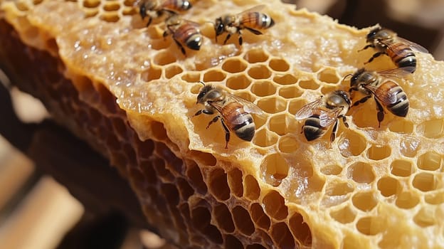 Bees and cocoons with pollen in honeycombs close-up as background, honey and beekeeping concept