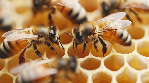 Bees and cocoons with pollen in honeycombs close-up as background, honey and beekeeping concept