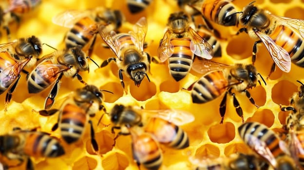 Bees and cocoons with pollen in honeycombs close-up as background, honey and beekeeping concept