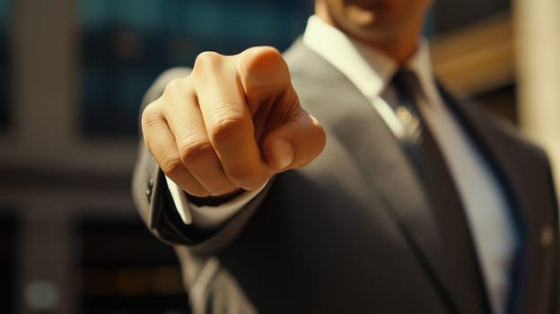 Close-up businessman in a suit points finger directly at the viewer, direct engagement, for recruitment, motivation, or responsibility
