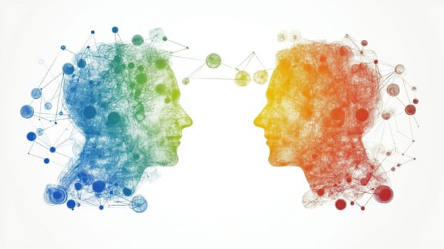 Two profile silhouettes of human heads, composed of interconnected nodes and lines, symbolize communication, collaboration, and the exchange of ideas