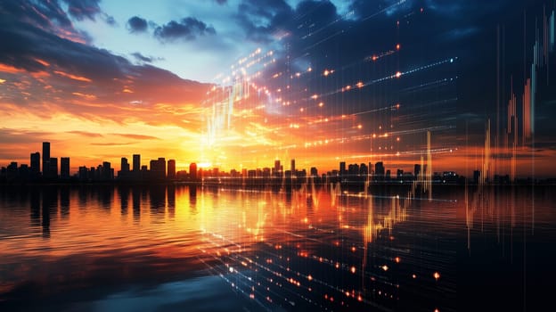 Vibrant cityscape at sunset reflects data streams and financial charts, visualizing the dynamic interplay of urban development and economic activity, business background