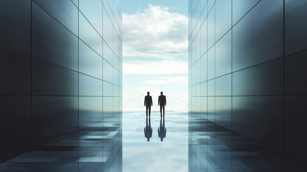 Silhouette of two businessmen walk towards a bright light at the end of a modern corridor, buildings, achieving business goals