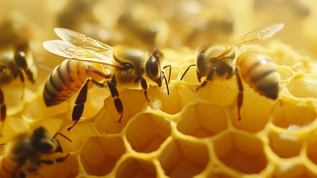 Bees and cocoons with pollen in honeycombs close-up as background, honey and beekeeping concept