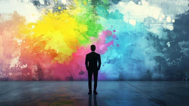 Back view silhouette of businessman stands against a bright wall with paints, thinking about ideas and creative solutions