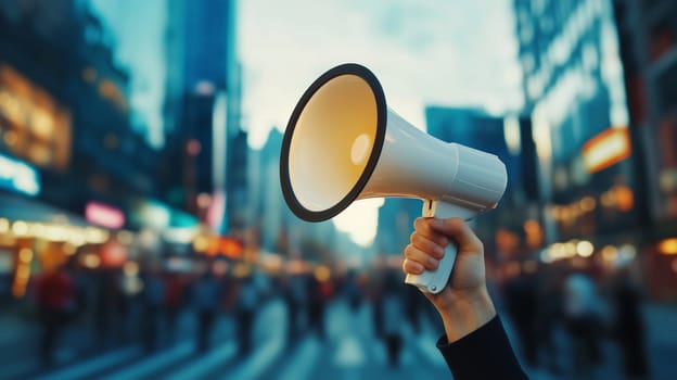 Hand holds a megaphone emitting a stream of sounds, power of communication, digital marketing
