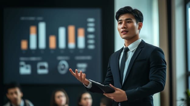 Confident motivational speaker Asian man speaking to an audience at business conference, businessman or seminar, official meeting