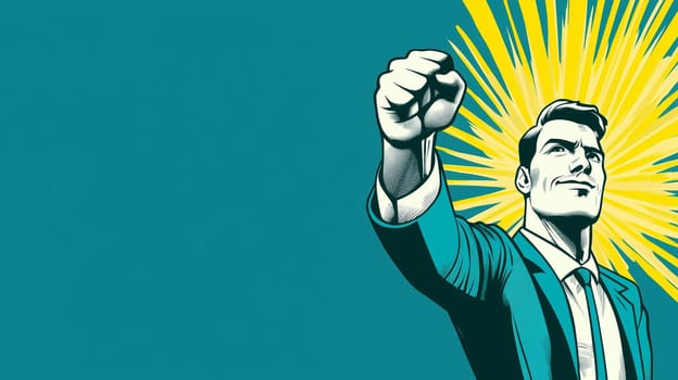Strong businessman in suit raises his fist up in a gesture of victory and determination, a symbol of strength, ambition, aspiration, business background