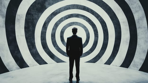 Silhouette of back view businessman in suit stands before a large target, focused, ambition, and the pursuit of business goals, strategic planning and achieving objectives