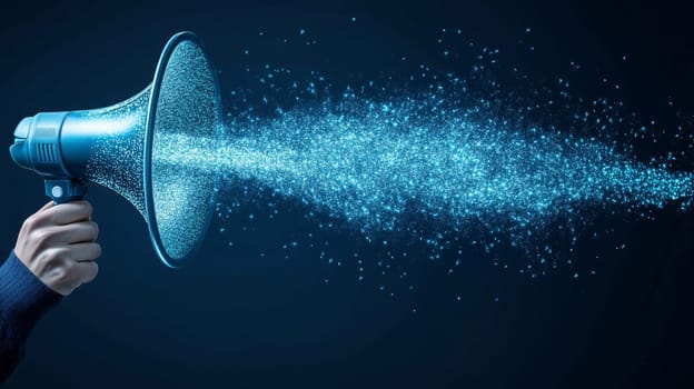 Technology concept, hand holds a megaphone emitting a stream of sounds, shimmering particles, power of communication, digital marketing. Bright, dynamic flow of data.