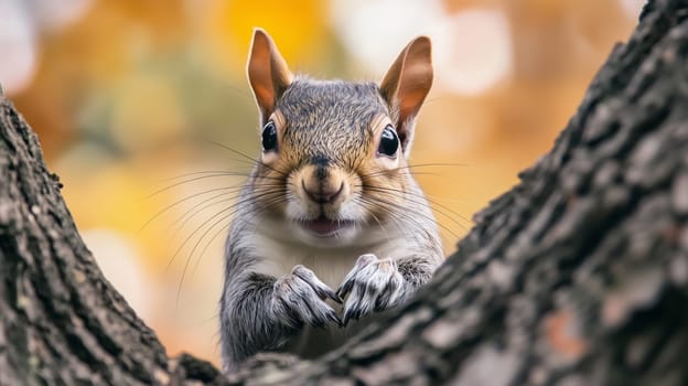 A fluffy squirrel holds onto a tree, looking at camera with curious eyes