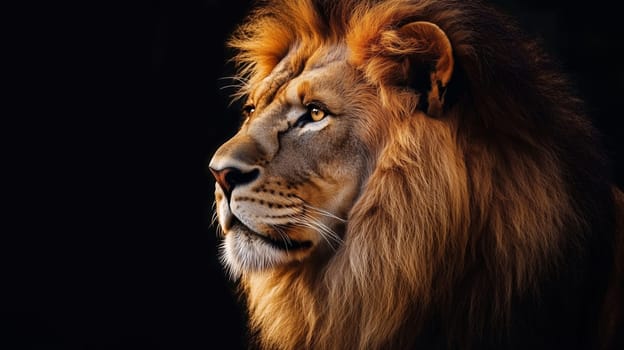 Side profile view of a majestic male lion with a thick fur mane, looking away isolated on black background