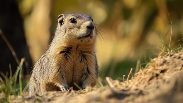 A curious ground squirrel stands on its hind legs, watching the surroundings attentively