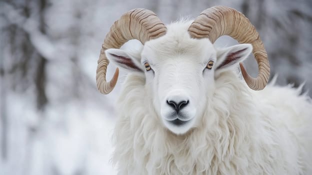 A strong white ram with curled horns stands proudly in a snowy landscape