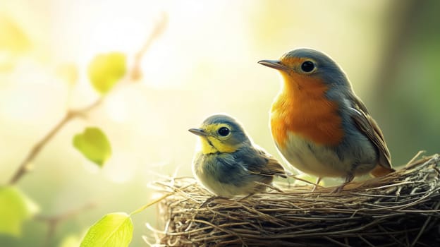 A mother bird watches over her chick in a nest, bathed in the golden sunrise light, surrounded by fresh leaves