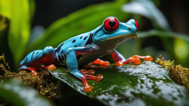 A bright blue poison dart frog with red eyes sits on a green leaf in jungle