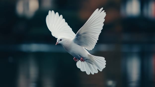 A white dove with wings outstretched, captured in the moment of taking flight in the park
