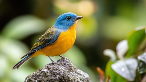 A tiny bird with stunning blue and yellow plumage sits on a rock, surrounded by lush greenery