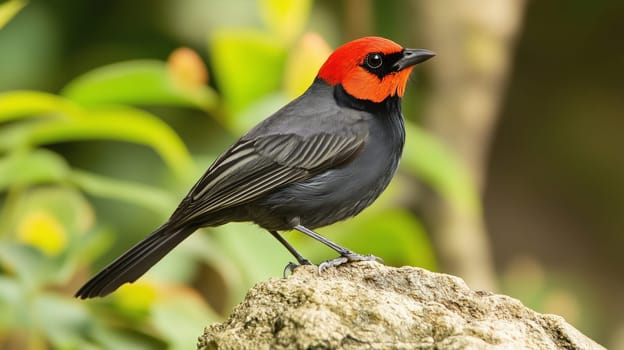 Red-headed blackbird perches on a rock, its black feathers against green leaves background