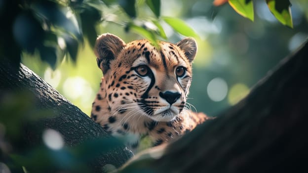 Graceful cheetah resting on tree branch, surrounded by green leaves in tranquil forest