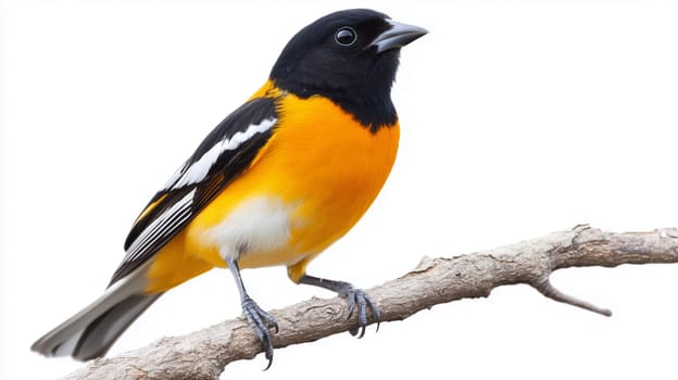 A striking bird with bright orange and black feathers sits on a tree branch, looking around, isolated on a white background
