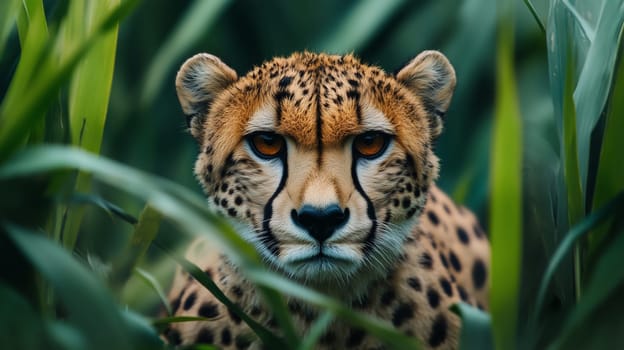 Cheetah, sitting in long grass, looks at camera. Wild power and alertness
