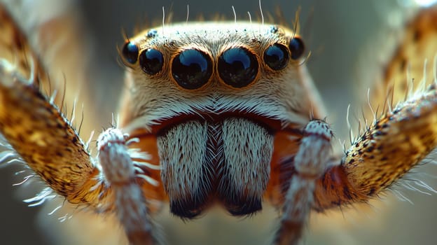 Close-up macro photography jumping spider face, large, forward-facing eyes and hairy body, intricate structure detail arachnid