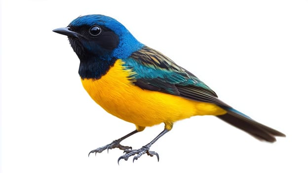 Close-up studio shot of a blue, black, and yellow tropical bird isolated on a white background