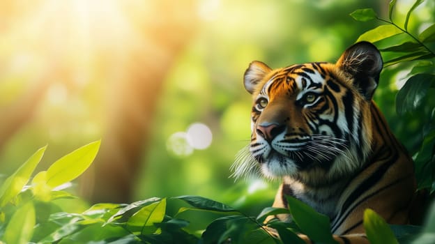 A tiger is hidden amongst lush green leaves, with sunlight through the foliage, serene and wild powerful
