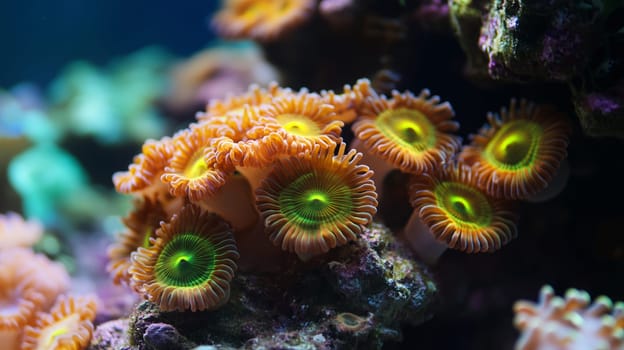 Cluster of bright orange sea anemones with tentacles extended in underwater reef environment, vivid contrast against dark marine background