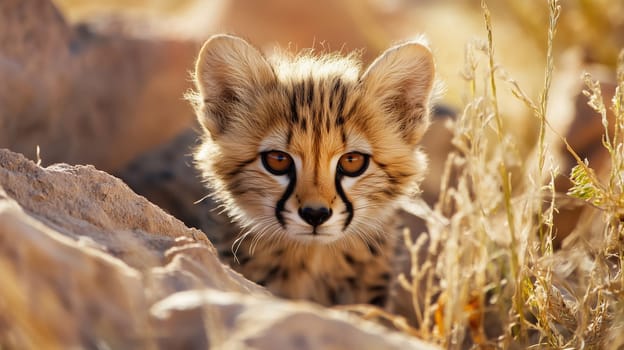 Close-up young cheetah cub peeking from dry grass, eyes wide and curious, golden sunlight
