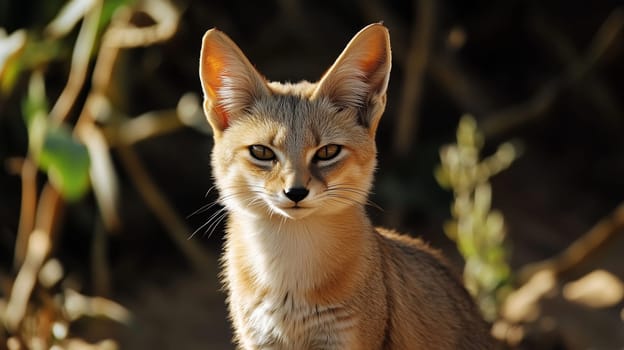A wild cat with golden fur and sharp eyes watches attentively from the grass
